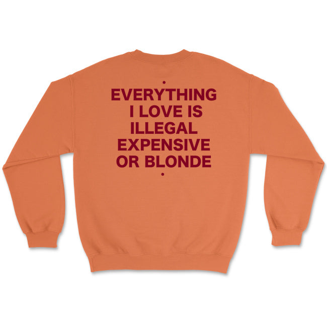Bluza unisex z napisem “Everything I love is illegal expensive or blonde"